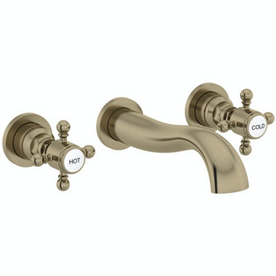 Enki Camberley Antique Brass Classic Bathroom Traditional Victorian Cross Handle 3-Hole Wall Mounted Hot & Cold Basin Mixer Tap from B&Q