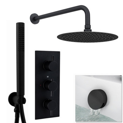 Enki Naples Matt Black Bathroom Brass Wall Mounted Concealed Thermostatic Shower Mixer Valve W/ Fixed Head Waste Trap & Handset from B&Q