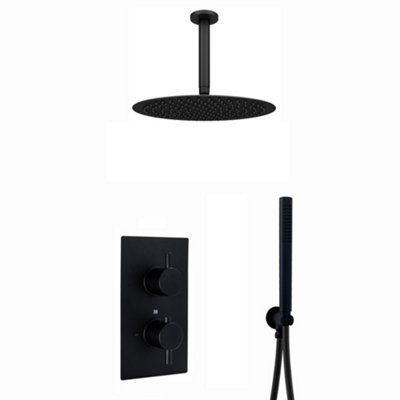 Enki Naples Matte Black Contemporary Round Concealed Thermostatic Shower Set Twin Valve Ceiling Fixed 8" Shower Head Handshower from B&Q