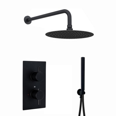 Enki Naples Matt Black Bathroom Brass Wall Mounted 2-Outlet Concealed Thermostatic Shower Mixer Valve W/ Fixed Head & Handset from B&Q