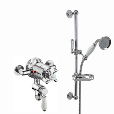 Enki Downton Chrome White Traditional Bathroom Brass Ceramic Thermostatic Twin Valve Mixer Tap W/ Shower Head & Slider Rail Kit from B&Q