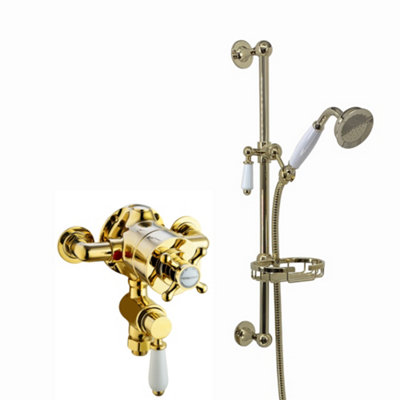 Enki Downton English Gold White Traditional Bathroom Brass Ceramic Thermostatic Twin Valve Mixer Tap Shower Head & Slider Rail Kit from B&Q