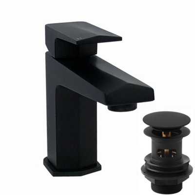 Enki Milly Matt Black Modern Scandinavian Bathroom Solid Brass Hexagonal Geo Monobloc Single Basin Sink Mixer Tap W/ Waste Trap from B&Q