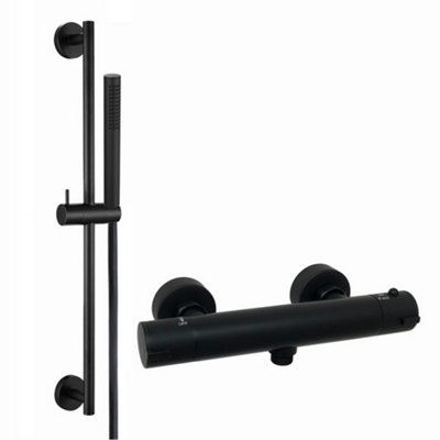 Enki Dune Matt Black Modern Contemporary Bathroom Brass Thermostatic Bar Shower Mixer Valve W/ Slider Riser Rail Kit & Handset from B&Q
