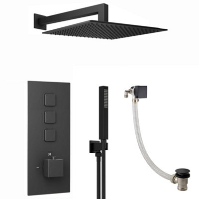 Enki Spello Matt Black Modern Bathroom Brass Concealed Push Button Thermostatic Shower Mixer Valve W/ Fixed Head Handset & Waste from B&Q