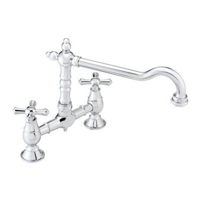 Enki Langley Chrome Silver Traditional Kitchen Solid Brass Crosshead Handles Swivel Spout Anti-Splash Easy Install Sink Mixer Tap from B&Q