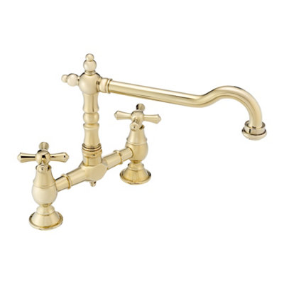 Enki Langley Gold Traditional Kitchen Solid Brass Crosshead Handles Swivel Spout Anti-Splash Aerator Easy Install Sink Mixer Tap from B&Q