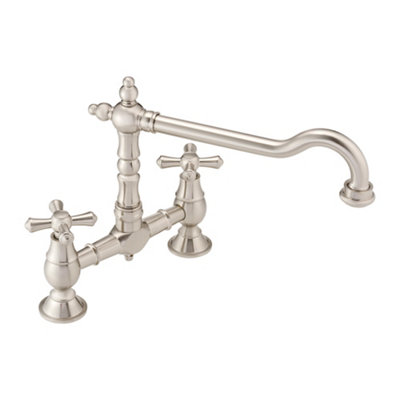 Enki Langley Brushed Nickel Traditional Kitchen Solid Brass Crosshead Handles Swivel Spout Anti-Splash Easy Install Sink Mixer Tap from B&Q