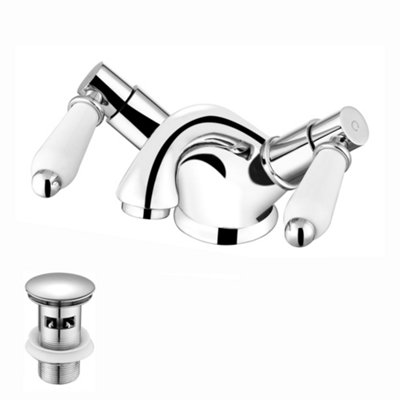 Enki Downton Chrome White Modern Traditional Bathroom Brass Ceramic Monobloc Slotted Swivel Levers Basin Mixer Tap & Waste Trap from B&Q