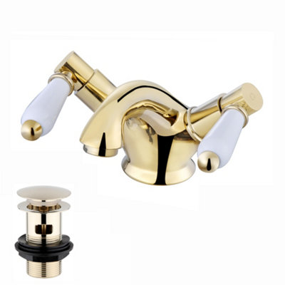 Enki Downton Gold White Modern Traditional Bathroom Brass Ceramic Monobloc Slotted Swivel Levers Basin Mixer Tap & Waste Trap from B&Q