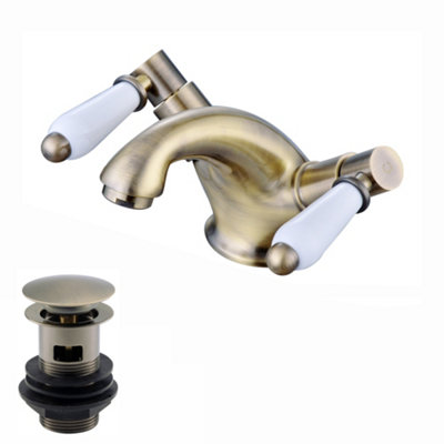 Enki Downton Antique Brass White Modern Traditional Bathroom Ceramic Monobloc Slotted Swivel Levers Basin Mixer Tap & Waste Trap from B&Q