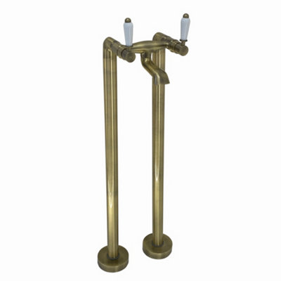 Enki Downton Antique Brass White Traditional Bathroom Ceramic Floorstanding Hot & Cold Swivel Levers Drip-Free 3/4" Bath Mixer Tap from B&Q