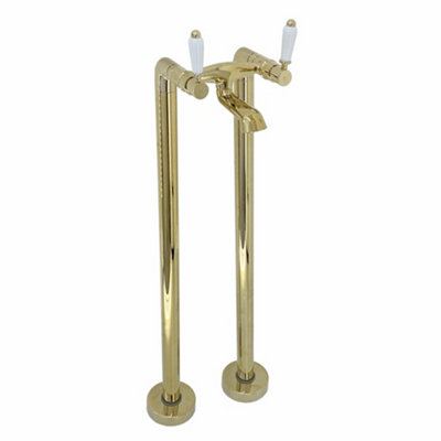 Enki Downton Gold White Modern Traditional Bathroom Brass Ceramic Floorstanding Hot & Cold Swivel Levers Drip-Free Bath Mixer Tap from B&Q