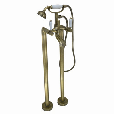 Enki Downton Antique Brass White Traditional Bathroom Ceramic Floorstanding Swivel Levers Round Shower Head Holder Bath Mixer Tap from B&Q