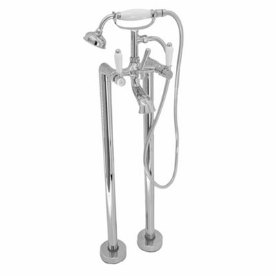 Enki Downton Chrome White Traditional Bathroom Brass Ceramic Floorstanding Swivel Levers Round Shower Head Holder Bath Mixer Tap from B&Q