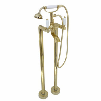 Enki Downton Gold White Modern Traditional Bathroom Brass Ceramic Floorstanding Swivel Levers Round Shower Head & Bath Mixer Tap from B&Q