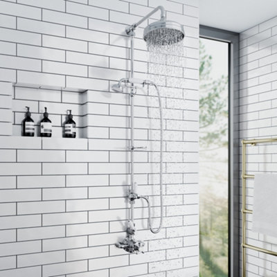 Enki Downton Chrome Modern Bathroom Brass Thermostatic Valve 2-Outlet Shower Set W/ Riser Rail Handset & Fixed Head (Diam) 200mm from B&Q