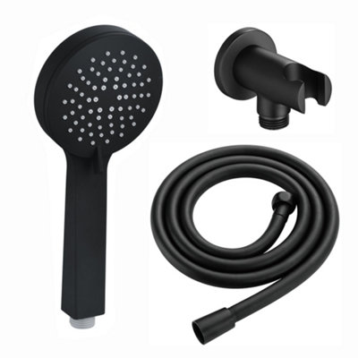 Enki Matt Black Modern Bathroom Brass Multi-Function Anti-Clog Nozzles Round Handheld Shower Head Mixer W/ Hose & Wall Bracket from B&Q