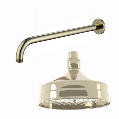 Enki Gold Traditional Bathroom Wall Mounted Swivel Ball Joint Connector Round Power Rainfall Fixed Shower Head Mixer & Arm 150mm from B&Q