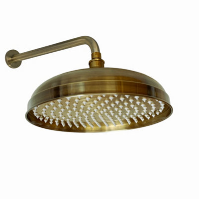 Enki Antique Brass Traditional Bathroom Wall Mounted Swivel Ball Joint Connector Round Power Fixed Shower Head Mixer & Arm 300mm from B&Q