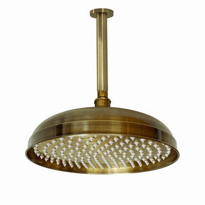 Enki Antique Brass Traditional Bathroom Ceiling Mounted Swivel Ball Joint Connector Round Fixed Shower Head Mixer & Arm 300mm from B&Q
