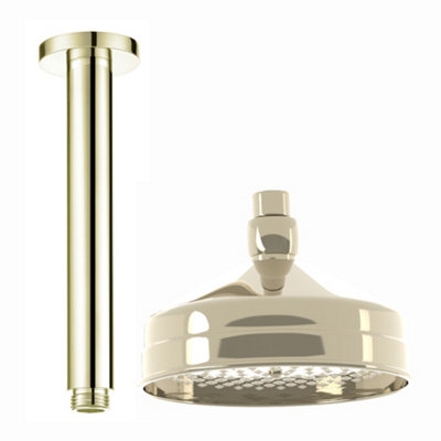 Enki Gold Traditional Bathroom Ceiling Mounted Swivel Ball Joint Connector Round Rainfall Fixed Shower Head Mixer & Arm 150mm from B&Q