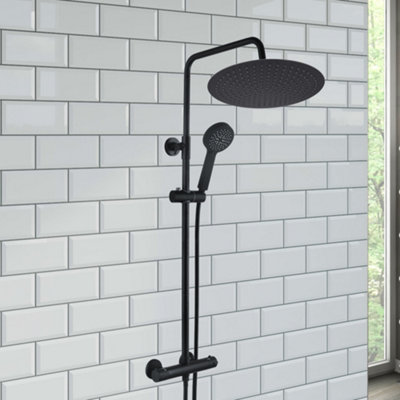 Enki Dune Matt Black Modern Bathroom Brass Thermostatic Valve 2-Outlet Shower Set W/ Riser Rail Handset & Fixed Head (Diam) 400mm from B&Q