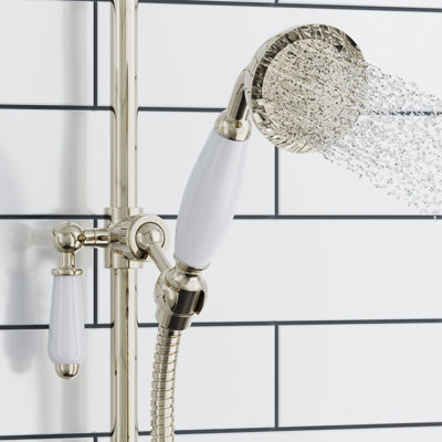 Enki English Gold White Traditional Victorian Bathroom Brass Porcelain Round Anti-Clog Nozzles Replacement Handheld Shower Head from B&Q