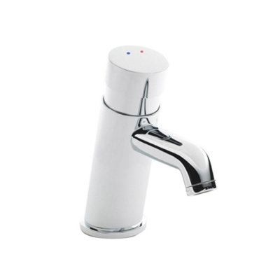 Enki Ergo Chrome Modern Bathroom Solid Brass Self-Closing Time Adjustable Non-Concussive Valve Hot & Cold Single Basin Mixer Tap from B&Q