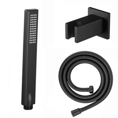 Enki Matt Black Modern Contemporary Bathroom Solid Brass Silicone Nozzle Pencil Jet Square Shower Head Hose Bracket Fitting Kit from B&Q