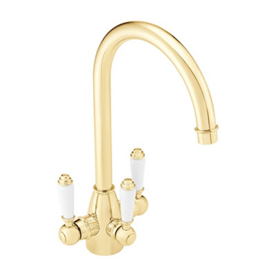 Enki Cotswold Gold White Traditional Kitchen 3-Way Filter Swivel Spout Ceramic Levers Drip-Free Valve Hot & Cold Sink Mixer Tap from B&Q