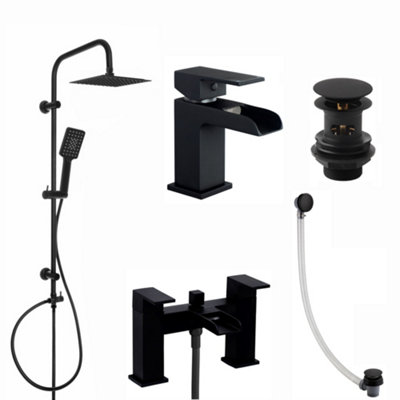 Enki Plaza Matte Black Bathroom Bundle Bath Shower Mixer Tap With Dual Riser RailBasin MixerBath & Basin Wastes Bbt0259 from B&Q