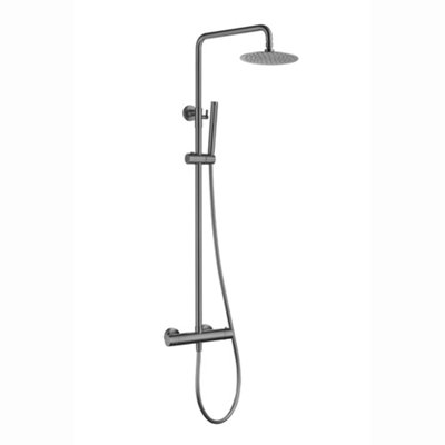 Enki Dune Gunmetal Grey Modern Bathroom Brass Thermostatic 2-Outlet Shower Set W/ Riser Rail Handset & Fixed Head (Diam) 200mm from B&Q