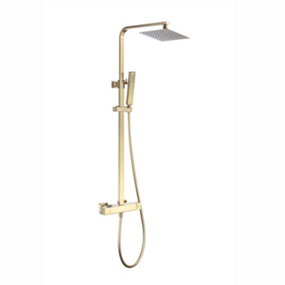 Enki Enzo Brushed Brass Contemporary Bathroom Thermostatic 2-Outlet Shower Set W/ Fixed Square Head Handset & Riser Rail Kit from B&Q