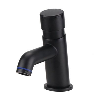 Enki Ergo Matt Black Modern Bathroom Solid Brass Self-Closing Time Adjustable Non-Concussive Valve Single Basin Mixer Sink Tap from B&Q