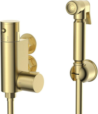 Enki Vero Brushed Brass Modern Bathroom Round Douche Thermostatic Bar Shower Mixer Valve Spray Kit With Handset Hose & Bracket from B&Q