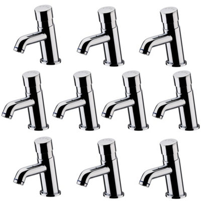 Enki Ergo Chrome Silver Modern Bathroom Solid Brass Self-Closing Time Adjustable Non-Concussive Single Basin Mixer Taps 10-Piece from B&Q