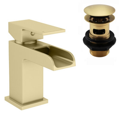 Enki Plaza Brushed Brass Modern Bathroom Waterfall Open Spout Swivel Lever Handle Drip-Free Basin Mixer Tap & Slotted Pop Up Waste from B&Q