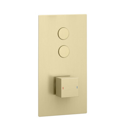 Enki Spello Brushed Brass Modern Bathroom Wall Mounted Square Concealed Dual Push Button 2 Outlet Thermostatic Shower Mixer Valve from B&Q