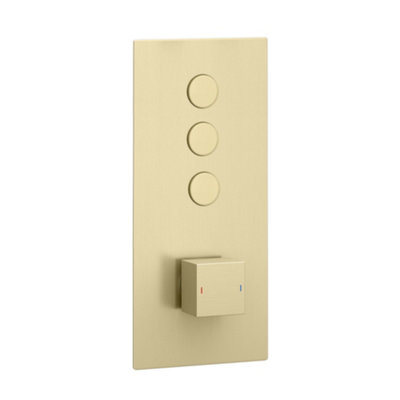 Enki Spello Brushed Brass Modern Bathroom Wall Mount Square Concealed Triple Push Button 3 Outlet Thermostatic Shower Mixer Valve from B&Q