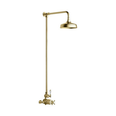 Enki Windsor Brushed Brass White Traditional Bathroom Ceramic Twin Thermostatic Shower Mixer Valve & Round Rainfall Fixed Head from B&Q