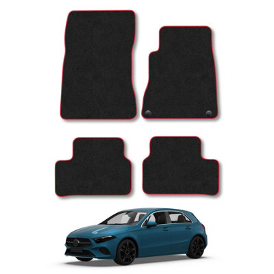 B&Q -  Mercedes A-Class 2018+ Car Mats Red Trim Carpet Tailored  Easy Clean Clips