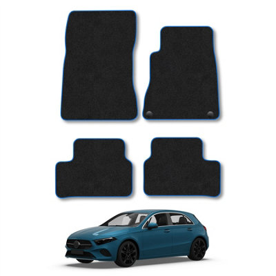 B&Q -  Mercedes A-Class 2018+ Car Mats Blue Trim Carpet Tailored  Easy Clean Clips