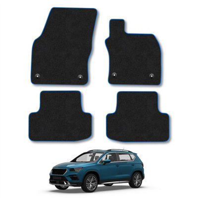 B&Q -  Seat Ateca (2016+) Car Mats Blue Trim Carpet Tailored Fit Easy Clean With Clips