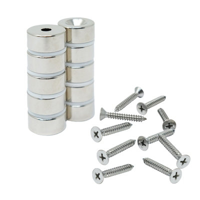  - 20mm Dia X 10mm Thick Neodymium Countersunk Magnets & ScrewsNorthPack Of 10