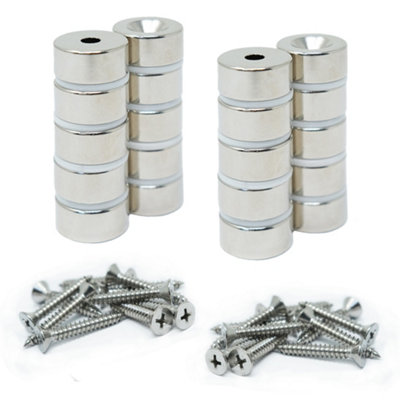 N42 Neodymium Countersunk Magnets & Screws Pack20mm Dia X 10mm Thick X 5.2mm Countersunk11Kg Pull from B&Q