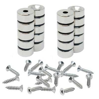 N42 Neodymium Countersunk Magnets & Screws Pack15mm Dia X 7.5mm Thick X 4.2mm Countersunk5.7Kg Pull from B&Q
