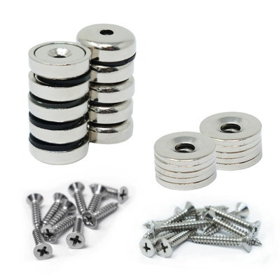 N42 Neodymium Pot MagnetsSteel Discs & Screws Pack16mm Dia X 5mm Thick X 3mm Countersunk9.6Kg Pull from B&Q