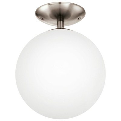 Modern Satin Nickel Flush Ceiling Light With White Opal Glass Shade from B&Q