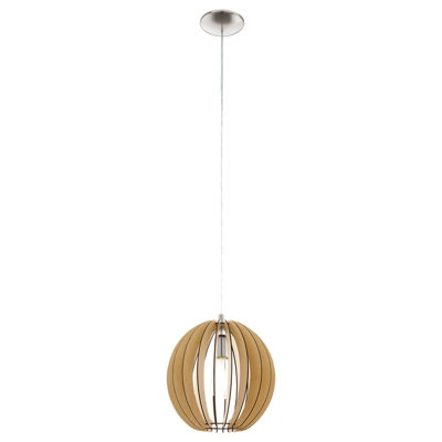 Stylish Satin Nickel Pendant Ceiling Light With Maple Wood Shade For E27 Bulbs from B&Q